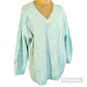 Lime Green Plus Size V-neck Long Sleeve Heavy Cable Knit Pullover Sweate…